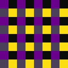 Bold geometric checkered pattern in yellow, purple, black, and dark gray, creating a striking and modern seamless background ideal for textiles, packaging, and digital design projects.