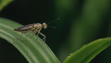 Close up of a small insect on a green leaf with a blurred background.