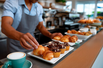 Barista arranging fresh pastries on cafe counter
