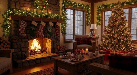 A cozy living room decorated for Christmas with a lit fireplace, stockings, a festive tree, and a coffee table with treats.