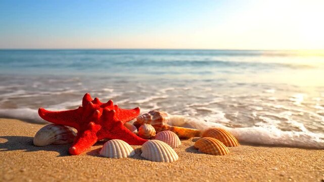 A vibrant red starfish rests amidst seashells on a sun-kissed sandy beach, ocean in background