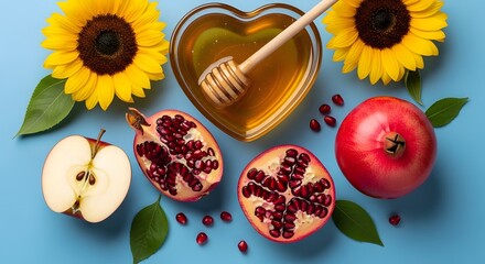 Honey Drizzle Over Heart-Shaped Bowl with Pomegranates, Apples, and Sunflowers on Blue Surface, Top-Down View, Healthy Food Concept