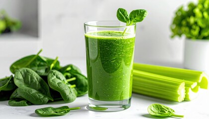 A refreshing green smoothie made with spinach and celery, presented with fresh ingredients for a healthy lifestyle.