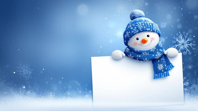 Cheerful snowman in a blue scarf and hat with a blank sign for winter holiday greetings