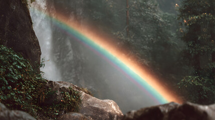 a breathtaking rainbow arches over a cascading waterfall in a lush, verdant rainforest. The scene is illuminated with vibrant colors