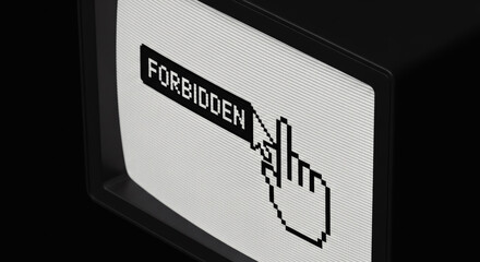 A retro television screen displaying the word forbidden alongside a pixelated cursor, offering a sense of restriction and digital age.