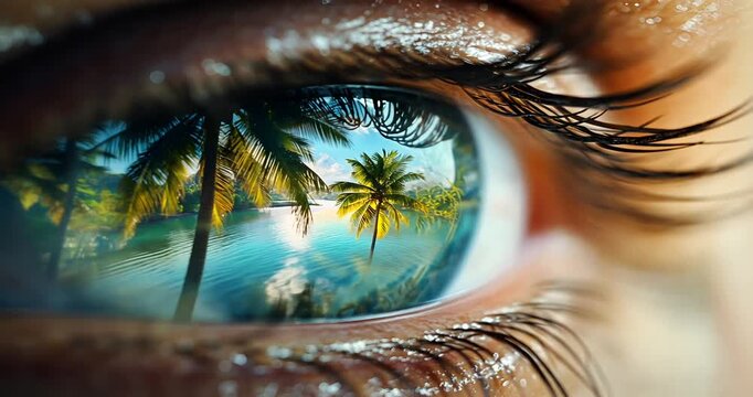 Close-up of an eye showcasing intricate details of eyelashes and skin texture, with a blurred background