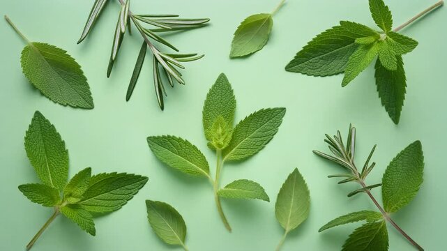 Variety of green leaves on mint background.