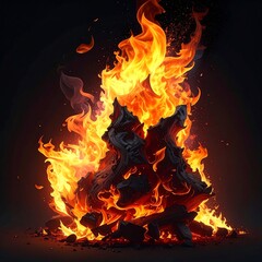 A vibrant bonfire bursts with intense orange and yellow flames, illuminating a pile of charred wood against a stark black background