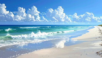 A serene seaside scene depicts a vast shoreline with gently breaking waves meeting a pale sandy beach beneath a bright, cloudy sky