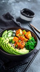 A vibrant bowl features rice, avocado slices, tofu cubes, cucumber, seaweed, and sesame seeds. Chopsticks and a small dipping bowl accompany the meal