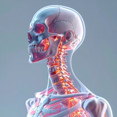 A side view of a human skeleton rendered in a translucent style. Bone structure highlighted with red and orange, anatomy illustration