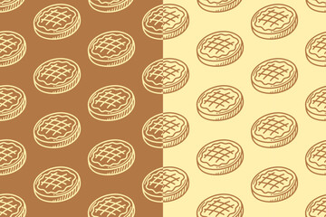 Waffle cakes line art seamless pattern on tan white background set for bakery. Backed cookie engraving doodle pattern background for pastry. Round biscuit hatching motif wallpaper for restaurant