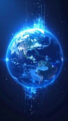 A vibrant depiction of Earth viewed from space, encircled by radiant, azure energy beams, and celestial dust