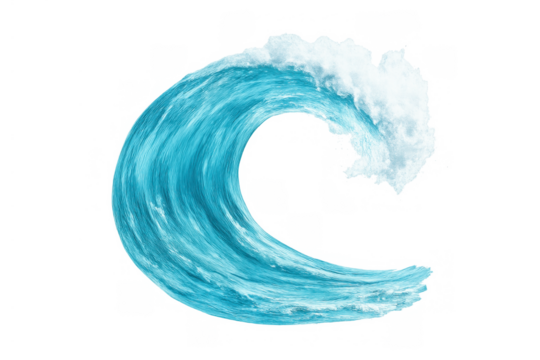 Breaking surf wave with white foam, curling and splashing in clear turquoise blue water. Isolated on a transparent background