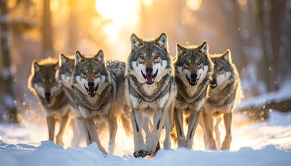 A pack of grey canines strides toward the camera in a snowy landscape, bathed in golden sunlight. The animals appear powerful and majestic