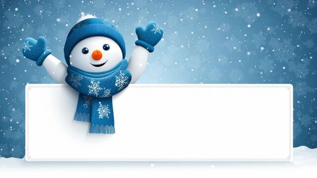 Adorable snowman with a blue scarf in winter snow scene, perfect for holiday greetings and festive designs