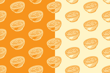 Udon noodle bowl line art seamless pattern on yellow white background set for cafe. Japanese noodle soup engraving doodle pattern background for culinary. Asian noodle cuisine hatching motif wallpaper