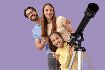 Fototapeta premium Little girl with her parents and telescope on lilac background