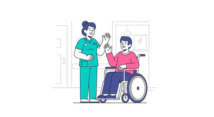 Medical Professional Giving High Five To Patient In Wheelchair: Healthcare Illustration