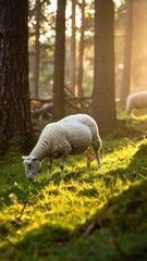 A single sheep grazes in sunlit forest, with others grazing in the background, light shining through trees
