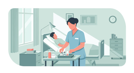Medical Professional Providing Care for Patient in a Hospital Bed Setting Illustration