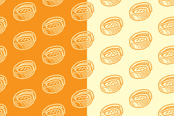 Inari sushi line art seamless pattern on yellow white background set for restaurant. Tofu sushi, Rice pouch engraving doodle pattern background for culinary. Egg roll cuisine hatching motif wallpaper