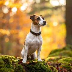 A small canine with white, brown, and black markings, sits proudly in a forest with autumn foliage, looking alert