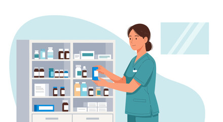 Medical Professional Selecting Medication From Pharmacy Shelves In Modern Illustration