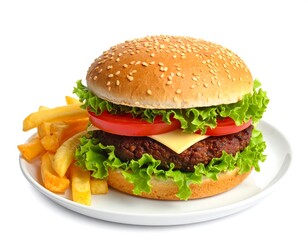 Delicious burger with sesame seed bun, cheese, lettuce, tomato, patty, & fries on a white plate
