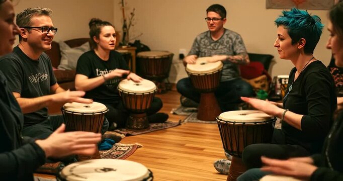 Diverse Group of People Learning to Play Djembe Drums in a Circle.
