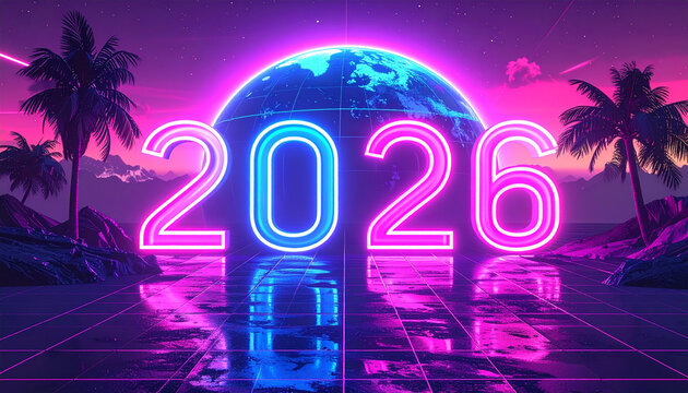 Vibrant 2026 new year celebration with neon glow and retro synthwave style for posters and digital designs