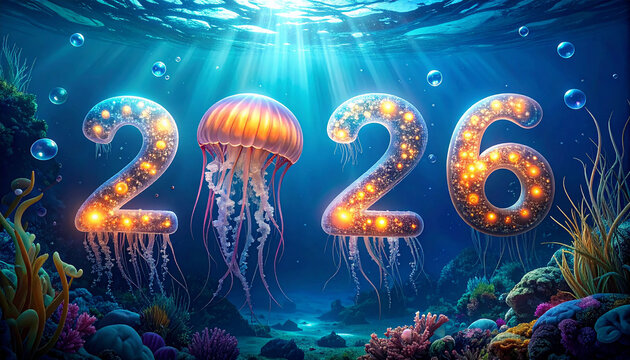 2026 underwater concept – glowing numbers with jellyfish and coral reef