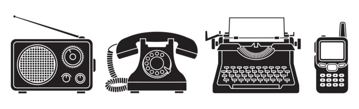 Black silhouette icons illustrate the evolution of communication technology, featuring a vintage radio, rotary telephone, typewriter, and an early mobile phone, isolated on a white background
