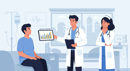 Medical Professionals Analyze Patient Recovery Report in Hospital Setting