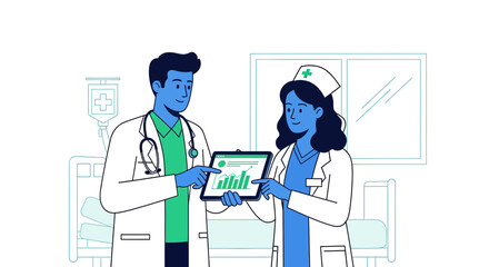 Medical Professionals Analyzing Data On Tablet Illustrating Healthcare Statistics And Trends