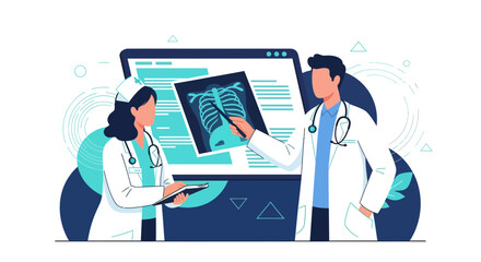 Medical Professionals Analyzing X-Ray Results And Using Modern Diagnostic Technology Together