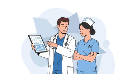 Medical Professionals Collaborating And Examining Data On A Tablet Screen Together