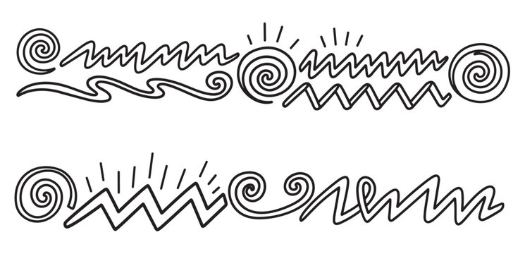 Graphic black outline doodle patterns form two horizontal decorative lines, showcasing spirals, waves, zigzags, and sun elements on a clean white background, conveying a playful and artistic mood
