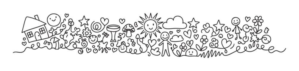 Obraz premium A cheerful hand-drawn banner of naive doodles showing a happy community with a house, sun, people, hearts, and flowers, created in a simple black and white line art style