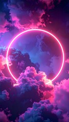 A vibrant, neon-lit circle floats amidst a surreal landscape of glowing, textured clouds in shades of pink, purple, and blue