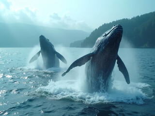 Fototapeta premium Two humpback whales jumping out of the water simultaneously during sunrise, creating a cinematic marine wildlife moment.