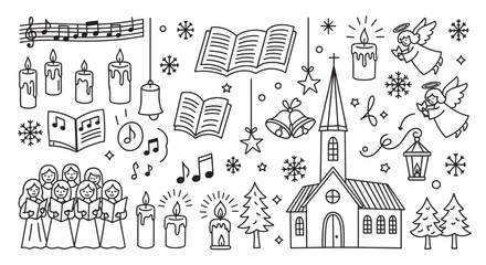 A charming set of hand-drawn Christmas and religious illustrations, including a chapel, carol singers, angels, bells, and snowflakes, created in a minimalist line art doodle style
