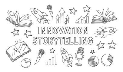 Innovation storytelling concept with hand-drawn doodle icons like rockets, books, charts, and microphones illustrating business growth, startup ideas, and creative communication