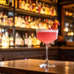 A vibrant pink cocktail with foamy top and garnish on a wooden bar with out-of-focus liquor bottles in the background