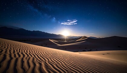 A mesmerizing nightscape showcases desert dunes under a starlit sky, illuminated by a bright celestial body's radiant glow