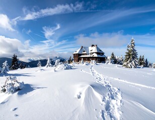 A snow-covered landscape reveals a wooden structure amidst pine trees and clear blue skies, featuring tracks in the snow