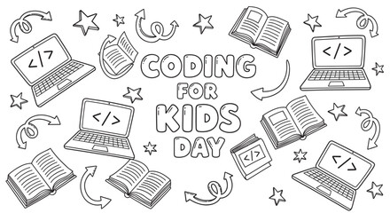 Coding for kids day educational banner with hand-drawn doodle style laptops, books, and stars on a white background, illustrating STEM learning and programming for children