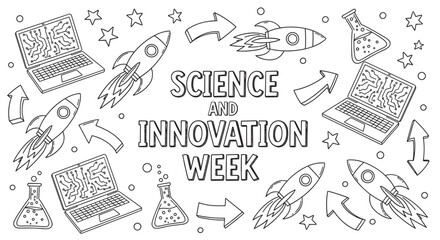 A black and white line art illustration for a science and innovation event, featuring hand-drawn rockets, computers, and laboratory equipment in a fun, educational pattern