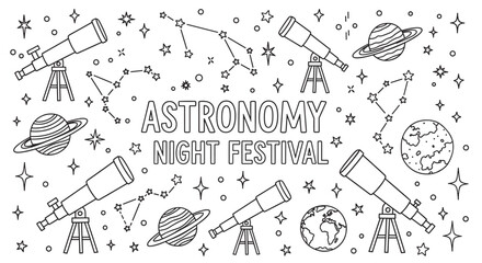 A black and white line art banner for an astronomy night festival, featuring doodle-style telescopes, planets, stars, and constellations on a white background